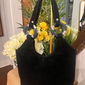 Elegant Black Suede Women's Bag w embellished ring connn